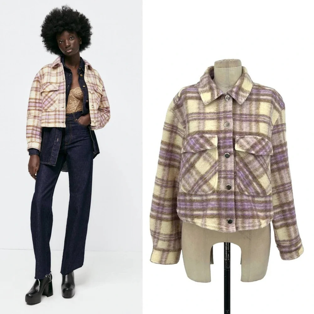 Zara Cropped Plaid Jacket Shacket Purple Cream Size Large